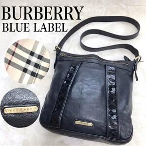 バーバリーブルーレーベル レザー ショルダーバッグ ノバチェック エナメル BURBERRY BLUE LABEL クロスボディ ポシェット ブラック 黒