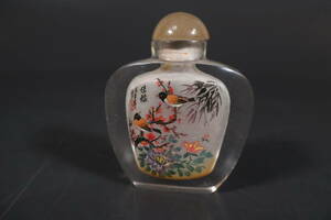 【和】(9070)　中国古玩　唐物　ガラス絵鼻炎壺　香水瓶　花鳥　乾隆ガラス