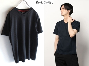 ネコポス対応 Paul Smith ポールスミス 2022SS PSロゴ刺繍 BROAD STITCH 針抜きリブ Vネック カットソー Tシャツ L 黒 ブラック