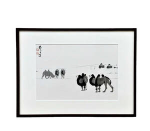 ●A818 呉作人 『駱駝の図』 ラクダ 呉作人 画　額装 中国美術 古玩 中国人画家 額サイズ62×47cm『模写』
