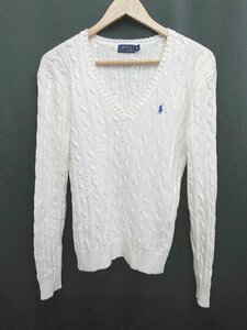 ◇ POLO RALPH LAUREN コットン ロゴ刺繍 長袖 ケーブルニット セーター サイズL 170/96A ホワイト レディース P