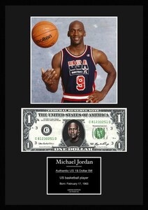 バスケの神様!バスケットボール選手/NBA【マイケル・ジョーダン/Michael Jordan】写真本物USA1ドル札フレーム証明書付/カラー/1
