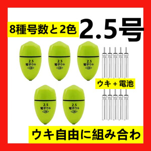 5個2.5号 黄綠色 電子ウキ+ ウキ用ピン型電池 10個セット