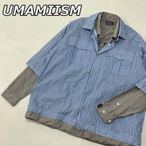 【Deny UMAMIISM】ウマミズム ストライプ柄 フェイクレイヤード シャツジャケット オーバーサイズ 青 白 灰色 ブルー ホワイト グレー