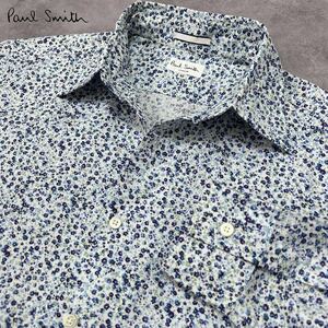 未使用級/L相当●Paul Smith LONDON ポールスミス ロンドン 花柄 フラワー 総柄 長袖 シャツ ドレス カジュアル コットン 綿 ブルー系 春夏