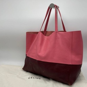 【1円～】CELINE セリーヌ ホリゾンタル カバ レザー トートバッグ ピンク×ブラウン 保存袋付