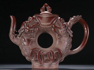 【瓏】紫砂彫 龍紋茶壺 朱可心銘 近時代 中国陶磁器 後手急須 茶壷 茶道具 置物 蔵出
