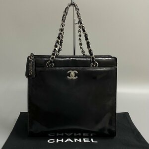 1円 極 美品 袋付き シール有 5番台 CHANEL シャネル パテント レザー ココマーク チェーン トートバッグ ハンドバッグ ブラック 17825