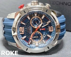 新品 TECHNOS テクノス 正規品 ラバーベルト クロノグラフ クォーツ アナログ腕時計 多機能腕時計 10気圧防水 ブルー ビックフェイス
