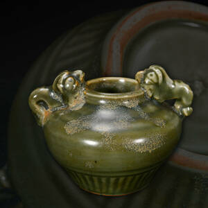 br10633 中国古玩 青磁獣耳壺 花瓶 ミニ 陶磁器 時代物 唐物 9.7x8.3cm 高7cm