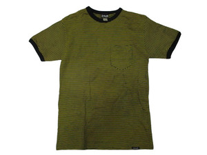 即決☆USA購入 SCHOTT ショット レザー ボーダーポケット付きTシャツ 黄色x黒 SIZE:S 無数の小穴