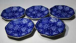 美濃焼　邦浩窯　染付　八角八紋　醤油皿　珍味皿（10.5㎝）5枚セット 和食器 