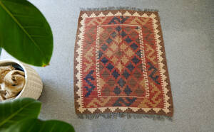 100×82㎝ 【アフガニスタン手織りキリム】トライバルラグ 手織り 絨毯