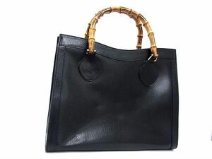 1円 ■美品■ GUCCI グッチ 002 0260 200110 バンブー レザー トートバッグ ハンドバッグ レディース ブラック系 BL0395