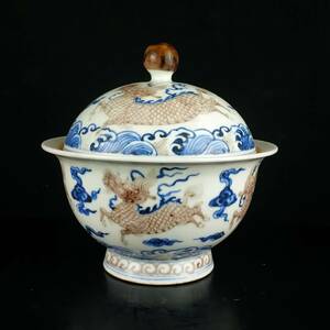 4~DM8296 中国磁器 人間国宝 陶芸 磁器『大明宣徳青花釉里紅手画麒麟図蓋缶』施釉陶 古代工芸品 陶芸 精美彫 置物 收藏品