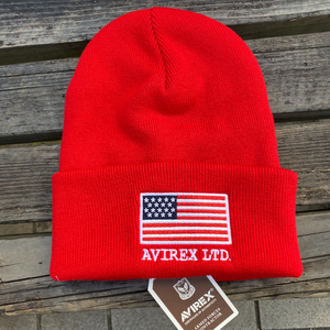 国内正規品 AVIREX アヴィレックス 星条旗 USA フラッグ ニット帽 ニットキャップ 赤 レッド RED タグ付き 刺繍ロゴ 男女兼用 