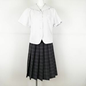 1円 セーラー服 チェックスカート 上下2点セット 夏物 女子 学生服 兵庫姫路高校 白 制服 中古 ランクC NA0615