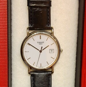 1円スタート TISSOT クォーツ 日付表示 革ベルト ティソ 18K刻印 腕時計 経年ですが未使用稼働品