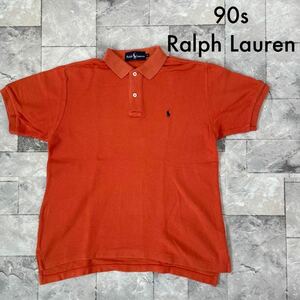 90s Ralph Lauren ラルフローレン Y2K ポロシャツ 半袖 刺繍ロゴ ポニー オレンジ レディース サイズM 玉FL3033