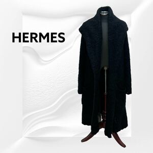 高級 HERMES エルメス モヘア ＆ ウール ショールカラー オーバーコート レディース