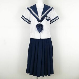 1円 セーラー服 スカート スカーフ 上下3点セット 夏物 白3本線 女子 学生服 大阪成蹊女子高校 白 制服 中古 ランクC NA3209