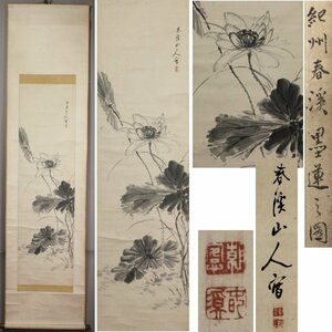 《源》【即決・送料無料】古画 紀州 春渓 筆 水墨・蓮花図/軸装