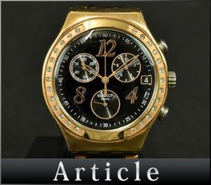 176985◆動作確認済 Swatch スウォッチ アイロニー クロノグラフ 腕時計 クォーツ デイト GP 樹脂 ブラック ゴールド メンズ/ D