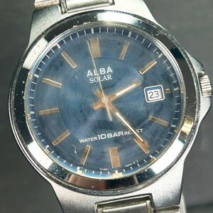 SEIKO セイコー ALBA アルバ V145-0BG0 腕時計 ソーラー アナログ 3針 カレンダー ステンレススチール ブルー×ゴールド文字盤 動作確認済