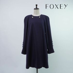 FOXEY フォクシー ウール100% ノーカラーAラインコート デザインボタン レディース 紺 ネイビー サイズF*OC1686