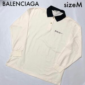 ■美品■BALENCIAGA バレンシアガ　長袖ポロシャツ　ゴルフシャツ　金ボタン　sizeM 日本製　コットン　ホワイト