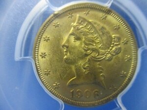 アメリカ リバティヘッド 5ドル金貨☆1906年D／PCGS MS63／未使用／本物保証