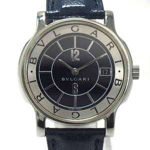 【中古】BVLGARI メンズ 腕時計 ソロテンポ クオーツ SS レザー ネイビー文字盤 ST35S