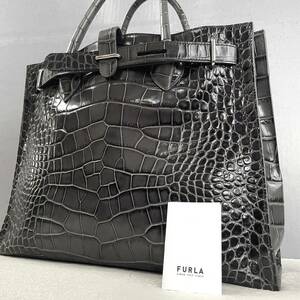 【稀少/極美品】 フルラ FURLA トートバッグ ビジネスバッグ クロコ型押し ブラック ベルト A4収納 大容量 自立 本革 メンズ レディース