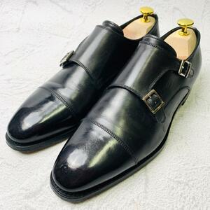 【良品】サントーニ SANTONI ダブルモンク ストレート ドレス 黒 ブラック 6 24.5cm 革靴 ロングノーズ 高級 上位ライン イタリア 紳士靴