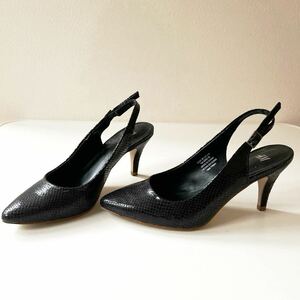 【1回のみ着用】 H&M ブラック パンプス ヒール 36 23cm シューズ 靴 黒 型押し エナメル エイチアンドエム NY店