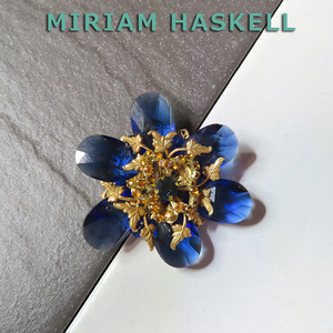 ミリアムハスケル◆紺のドロップストーン花のブローチ：ヴィンテージコスチュームジュエリー
