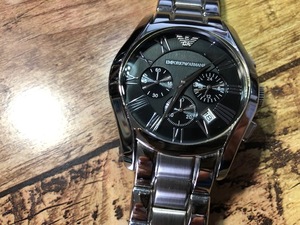 BK041 良品 EMPORIO ARMANI エンポリオアルマーニ AR-0673 クロノグラフ デイト シルバー×ブラック 純正ブレス クオーツ メンズ 腕時計