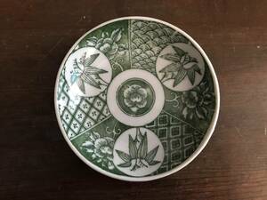 印判皿　アンティーク　明治～昭和初期　小皿　花　牡丹　笹　緑　２皿セット