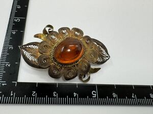 【0437】ヴィンテージ アクセサリー　琥珀　コハク　銀細工　シルバー　SILVER ブローチ　1円から