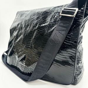 【美品】EMPORIO ARMANI●エンポリオアルマーニ メッセンジャーバッグ レザー ショルダーバッグ 斜め掛け 肩掛け ビジネス メンズ 黒 