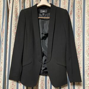 H&M ショールカラーフロントオープンテーラードジャケット ヘチマ襟 化繊 ブラック 黒 36