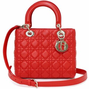 （未使用　展示品）クリスチャンディオール Christian Dior LADY DIOR ミディアム 2way ショルダー ハンドバッグ ラムスキン 赤 CAL44550