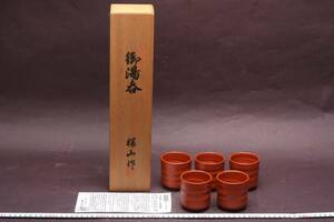 3974 新品未使用 5客 常滑焼 水上桜山 筋引 朱泥 湯呑茶碗 煎茶道具 ( 茶注 急須 ) 共箱 栞