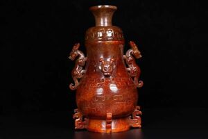 【瓏】和田玉 高古玉彫 瑞獣耳玉瓶 時代物 極細工 手彫り 置物 賞物 中国古美術 蔵出