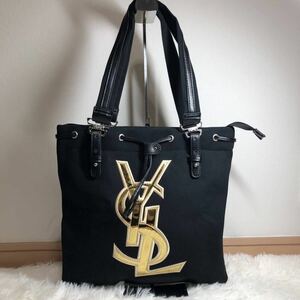 1円 新品未使用イヴサンローラン YVES SAINT LAURENT カハラ レディース トートバッグ A4 キャンバス レザー 黒 ブラック ゴールド ロゴ