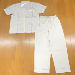 ●新品 MAMAIKUKO ママイクコ コットン100% ストライプ パジャマ F ブルー系 半袖 ルームウェア 寝巻き 部屋着 レディース 未使用