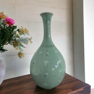 【FU10】芸林陶芸 花瓶 高麗青磁 花入れ 花器 壺 丸壺 陶器 骨董品