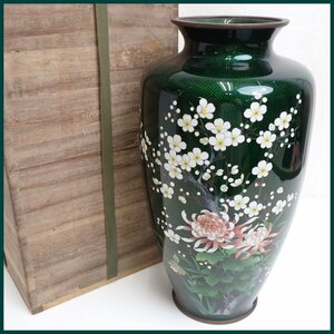 ★安藤七宝店 七宝焼き 緑光釉四君子文 花瓶 共箱付き/陶磁器/陶芸/壺/花器/花入/焼き物/アンティーク/工芸品&1881600024