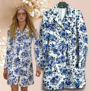 ☆美品☆GUCCI グッチ スプリングコート チェスターコート フローラ 42 Floral Print Trench Coat Jacket Ivory Blue Cotton Cruise 2007