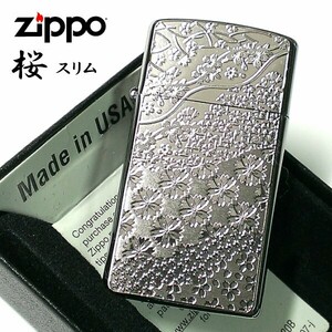 ZIPPO スリム ジッポ ライター 桜模様 細密エッチング 彫刻 ニッケル鍍金 シルバー Metal Plate メンズ レディース